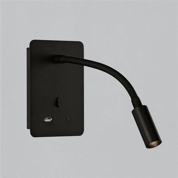 Aplique lector LED SENDA 3W 3000K 285lm negro texturado, orientable, con interruptor, con USB y USBC