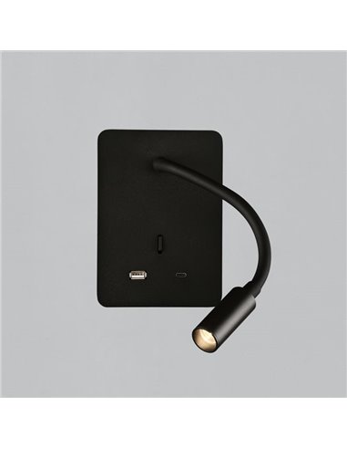 Aplique lector LED SENDA 3W 3000K 285lm negro texturado, orientable, con interruptor, con USB y USBC