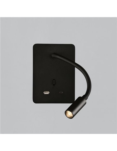 Liseuse LED SENDA 3W 3000K 285lm noir texturé, orientable, avec interrupteur, avec USB et USBC