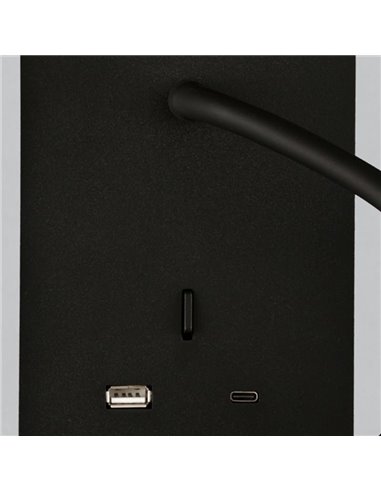 Aplique lector LED SENDA 3W 3000K 285lm negro texturado, orientable, con interruptor, con USB y USBC