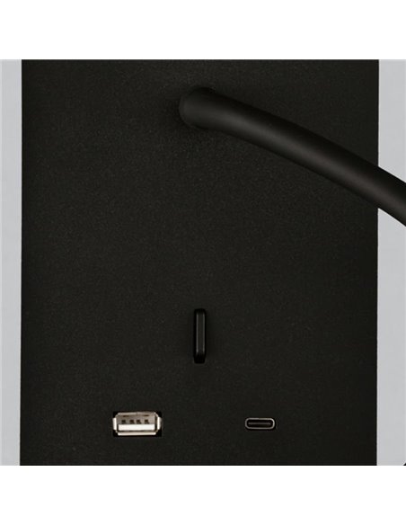 Liseuse LED SENDA 3W 3000K 285lm noir texturé, orientable, avec interrupteur, avec USB et USBC