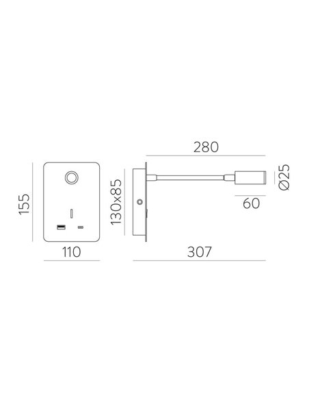 Aplique lector LED SENDA 3W 3000K 285lm negro texturado, orientable, con interruptor, con USB y USBC
