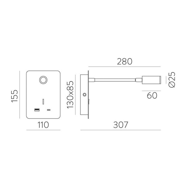 Aplique lector LED SENDA 3W 3000K 285lm negro texturado, orientable, con interruptor, con USB y USBC