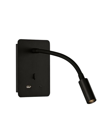 Aplique lector LED SENDA 3W 3000K 285lm negro texturado, orientable, con interruptor, con USB y USBC