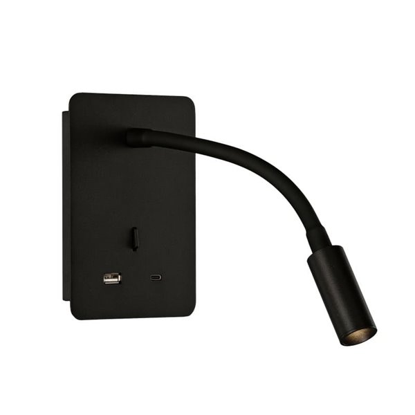 Aplique lector LED SENDA 3W 3000K 285lm negro texturado, orientable, con interruptor, con USB y USBC