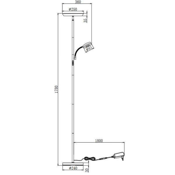 Dimensiones Lámpara de pie LED SPECTER en blanco mate con control táctil y diseño moderno.