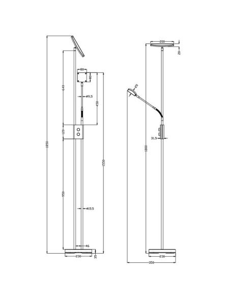 Medidas Lámpara de pie LUKE en níquel mate con luz regulable y brazo de lectura ajustable.