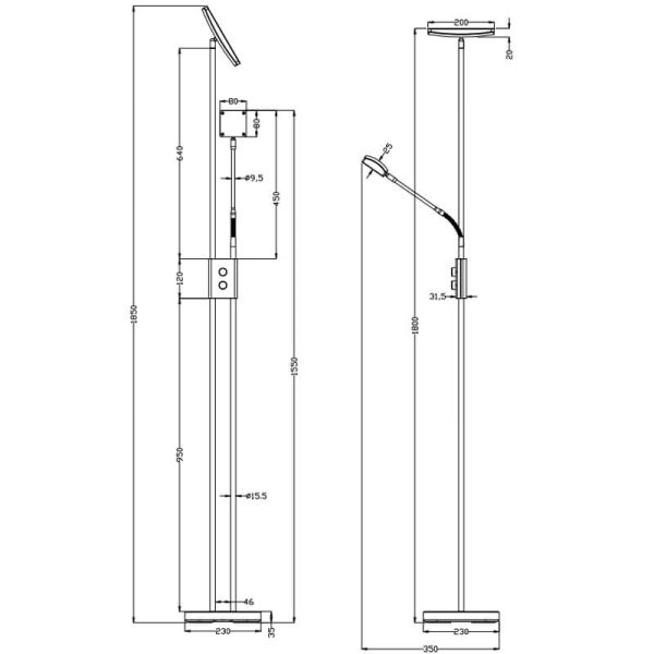 Lampadaire LUKE en nickel mat avec lumière variable et bras de lecture réglable.