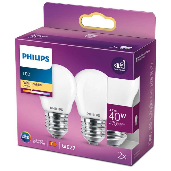 Pacote de economia 2 lâmpadas LED Philips E27 4,3W de reposição 40W G45 -Matte Spherical- 2700K 8718699763916