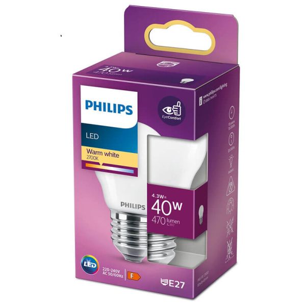 Bombilla LED Philips esférica E27 4.3W reemplazo 40W G45 -Esférica Mate-