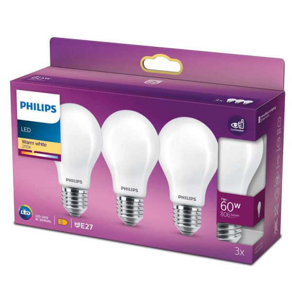Pack ahorro 3X Bombilla LED A60 7W Reemplazo 60W Tono de Luz Cálid0 2.700K 8719514266759