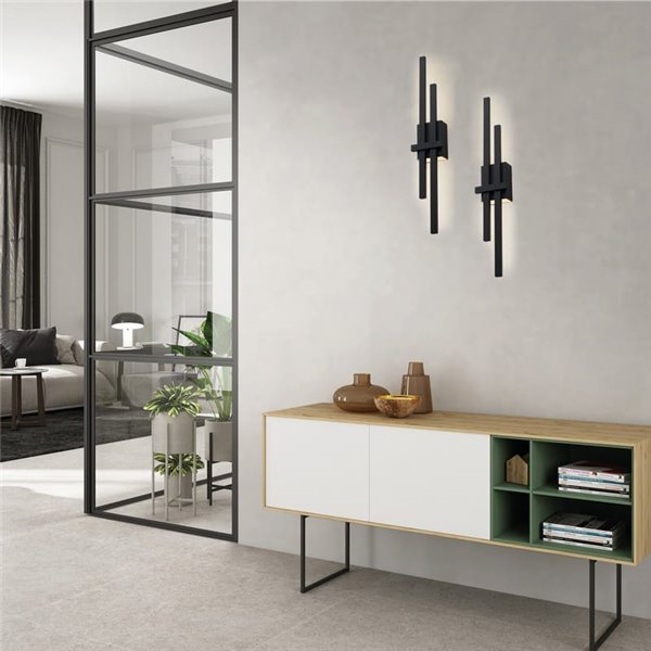 Aplique de pared LED SHADOW negro texturado, 2x6W 760lm, Kelvin 2700K-3000K con interruptor antideslizante