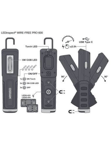 Caracteristicas LEDinspect WIRE-FREE PRO 600 - Lámpara de Inspección Flexible LED Recargable Sin Cables 600 lm IK08 LEDIL42