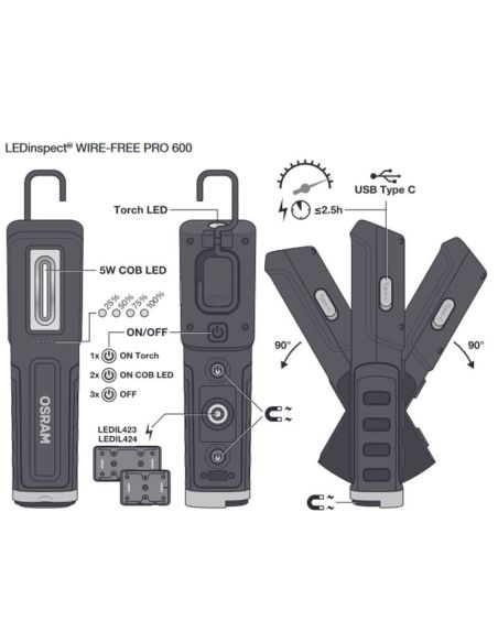 Caracteristicas LEDinspect WIRE-FREE PRO 600 - Lámpara de Inspección Flexible LED Recargable Sin Cables 600 lm IK08 LEDIL42