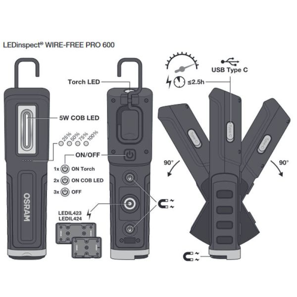 Caracteristicas LEDinspect WIRE-FREE PRO 600 - Lámpara de Inspección Flexible LED Recargable Sin Cables 600 lm IK08 LEDIL42