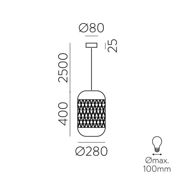 VIVIAN Candeeiro suspenso de vime natural com kit preto texturizado, LED E27 15W (não incl.)