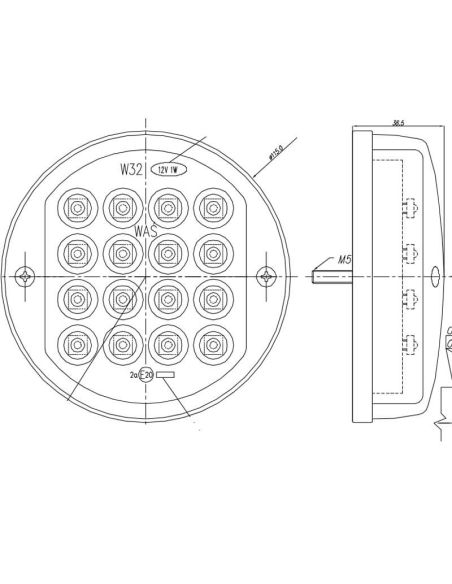 Dimensions Feu arrière rond à LED avec clignotant 2A 12V Homologué et étanche W32 Was | LéonLeds