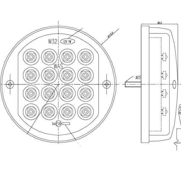 Dimensiones Piloto LED trasero redondo con intermitente 2A 12V Homologado y Estanco W32 Was | LeonLeds
