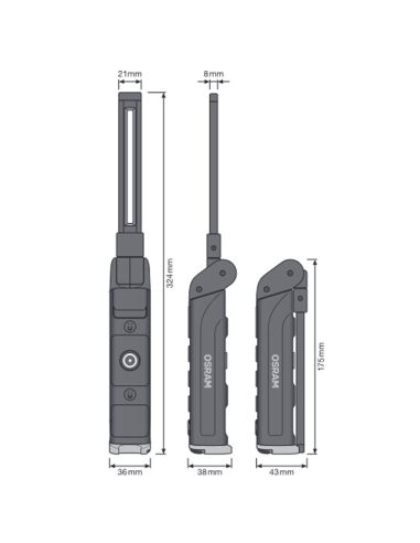 Dimensiones Lámpara de Inspección LED OSRAM WIRE-FREE SLIM 600 - Recarga Magnética y Diseño Compacto LEDIL422