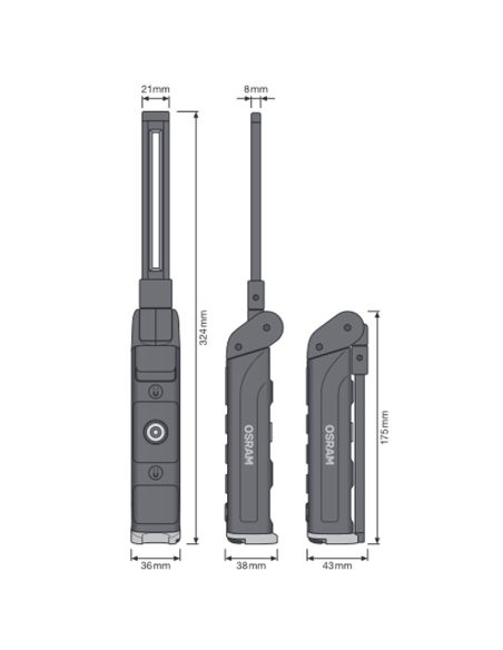 Dimensiones Lámpara de Inspección LED OSRAM WIRE-FREE SLIM 600 - Recarga Magnética y Diseño Compacto LEDIL422