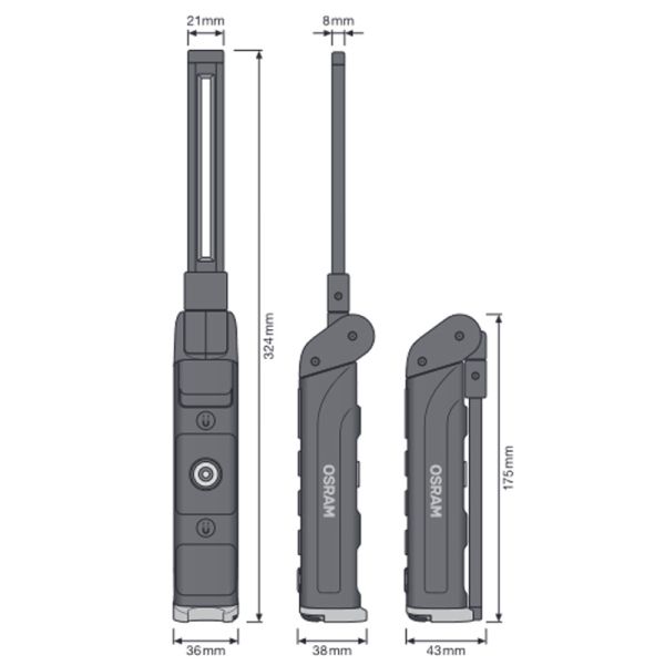 Dimensiones Lámpara de Inspección LED OSRAM WIRE-FREE SLIM 600 - Recarga Magnética y Diseño Compacto LEDIL422