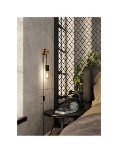 Aplique de pared con bombilla colgante e interruptor BUDDON de macera y acero negro, E27 H:2600mm