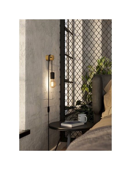 Aplique de pared con bombilla colgante e interruptor BUDDON de macera y acero negro, E27 H:2600mm