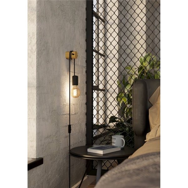 Aplique de pared con bombilla colgante e interruptor BUDDON de macera y acero negro, E27 H:2600mm