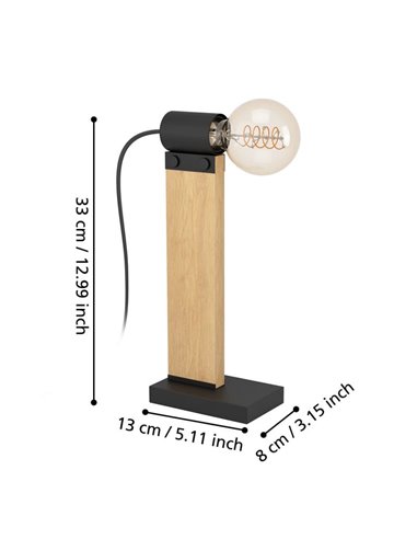 Lámpara de mesa vintage de madera y acero café, BAILRIGG E27 H330mm