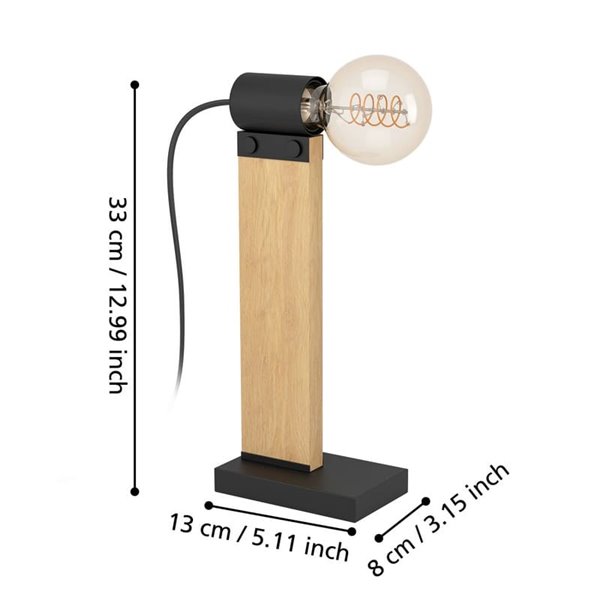 Lámpara de mesa vintage de madera y acero café, BAILRIGG E27 H330mm