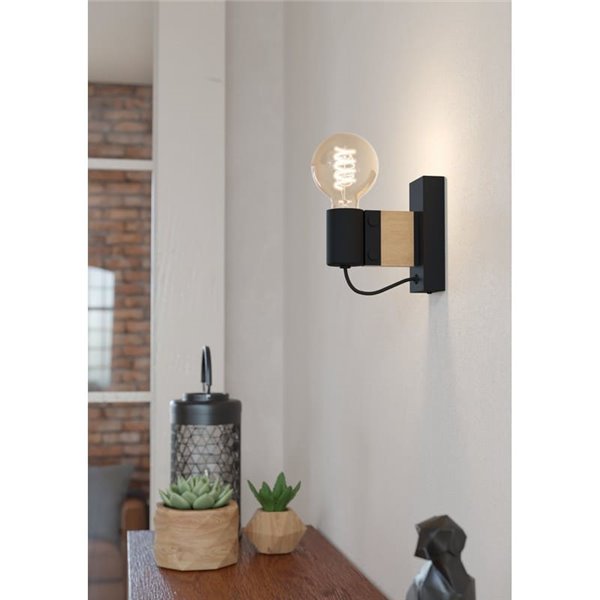 Aplique de Pared vintage de madera y acero negro, BAILRIGG, E27 H:135mm
