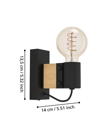 Applique vintage en bois et acier noir, BAILRIGG, E27 H:135mm