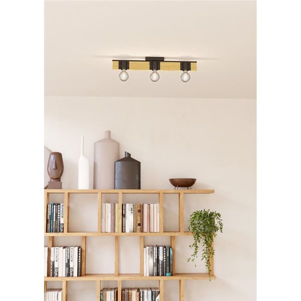 Lámpara de Techo vintage madera y acero negro BAILRIGG, 3xE27 