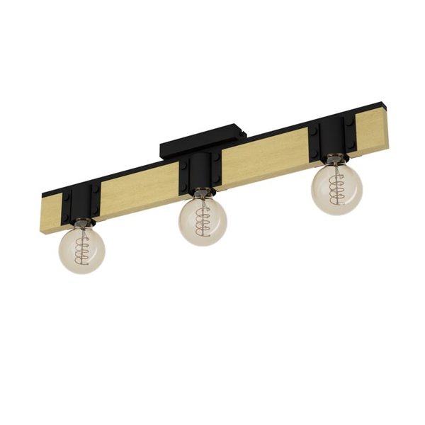 Lámpara de Techo vintage madera y acero negro BAILRIGG, 3xE27 
