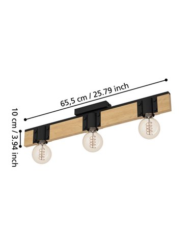 Lámpara de Techo vintage madera y acero negro BAILRIGG, 3xE27 