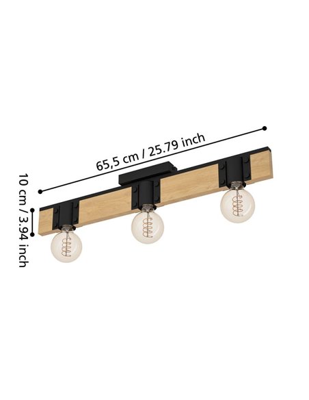 Lámpara de Techo vintage madera y acero negro BAILRIGG, 3xE27 