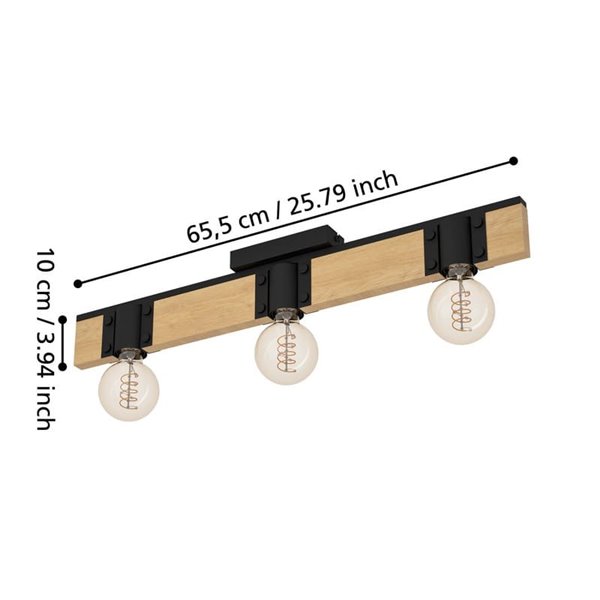 Lámpara de Techo vintage madera y acero negro BAILRIGG, 3xE27 
