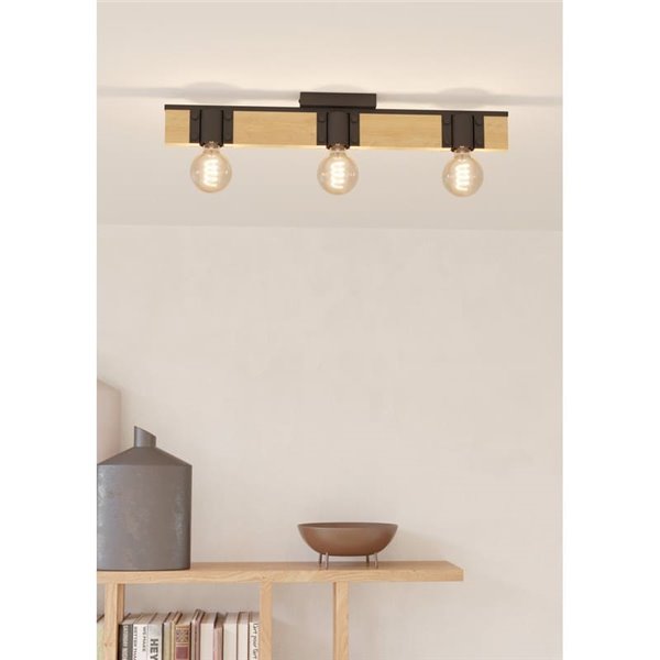 Lámpara de Techo vintage madera y acero negro BAILRIGG, 3xE27 