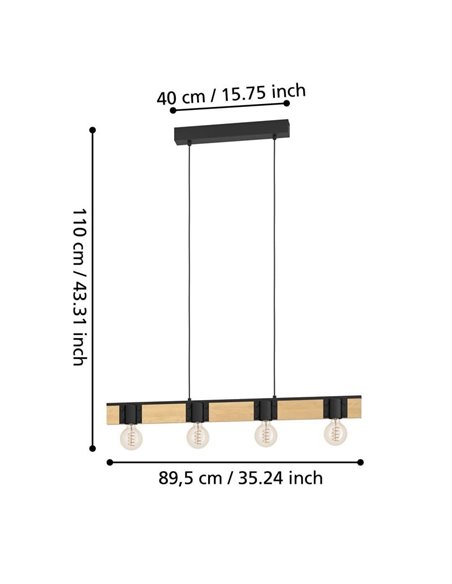 Lámpara Vintage de techo madera y acero BAILRIGG, 4XE27