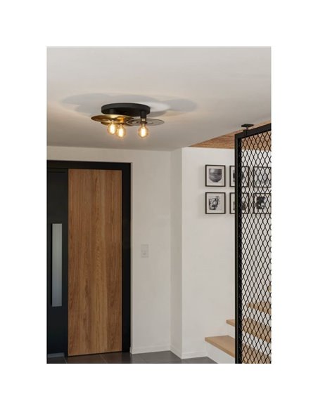 Plafonnier LINTMILL à 3 lumières avec plaques en acier, laiton et verre