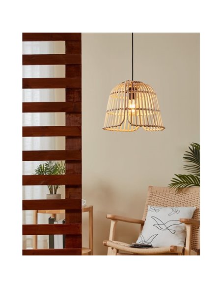 Lámpara colgante redonda con pantalla ratán natural GLYNEATH E27
