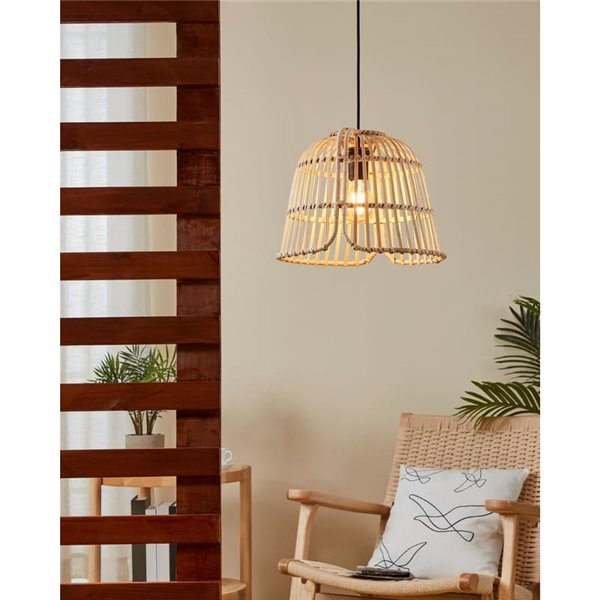 Lámpara colgante redonda con pantalla ratán natural GLYNEATH E27