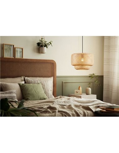 Suspension type HETTONLE Nature avec abat-jour rond en rotin et câble textile noir E27