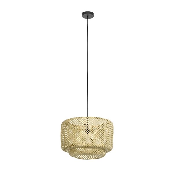 Lámpara colgante tipo Nature HETTONLE co pantalla redonda de ratán y cable textil negro E27