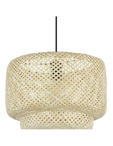 Lámpara colgante tipo Nature HETTONLE co pantalla redonda de ratán y cable textil negro E27