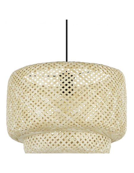 Lámpara colgante tipo Nature HETTONLE co pantalla redonda de ratán y cable textil negro E27