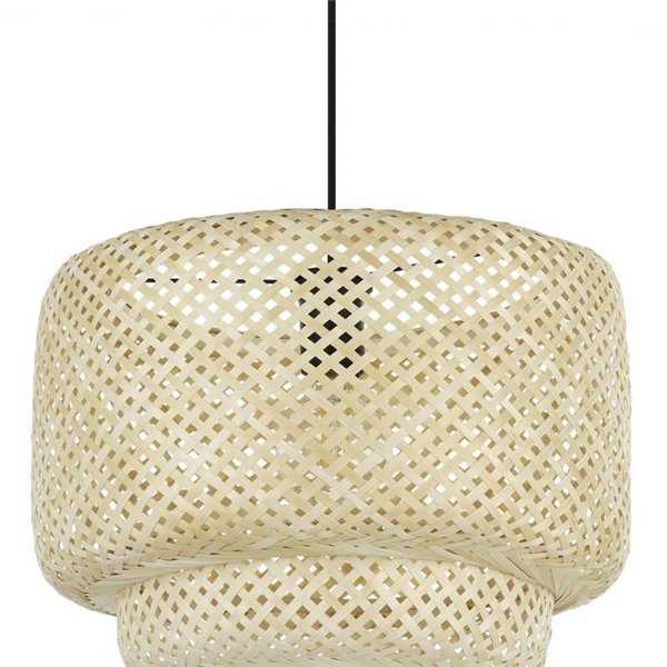 Lámpara colgante tipo Nature HETTONLE co pantalla redonda de ratán y cable textil negro E27