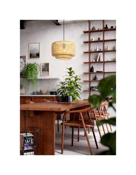 Suspension type HETTONLE Nature avec abat-jour rond en rotin et câble textile noir E27