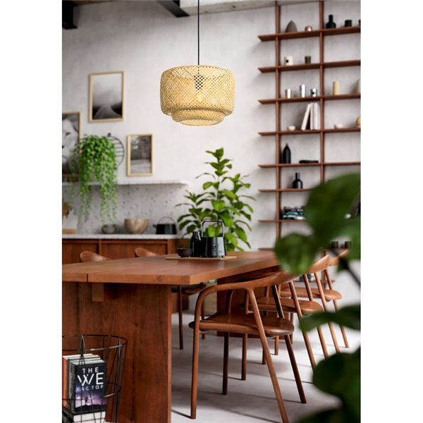 Suspension type HETTONLE Nature avec abat-jour rond en rotin et câble textile noir E27