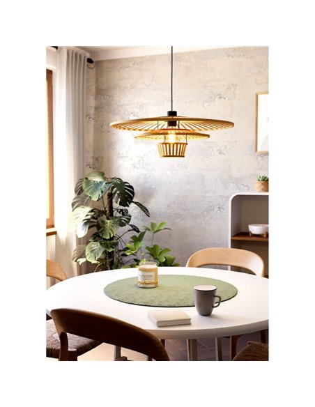 Lampe à suspension LYDNEY avec abat-jour en bambou naturel et finition noire, E27